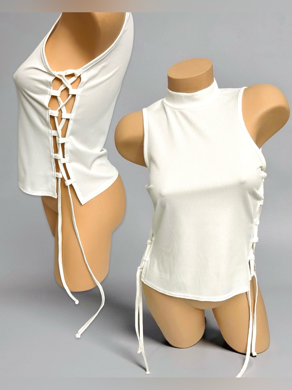 Boohoo White Ribbed Lace-Up Sleeveless Mock Neck Top